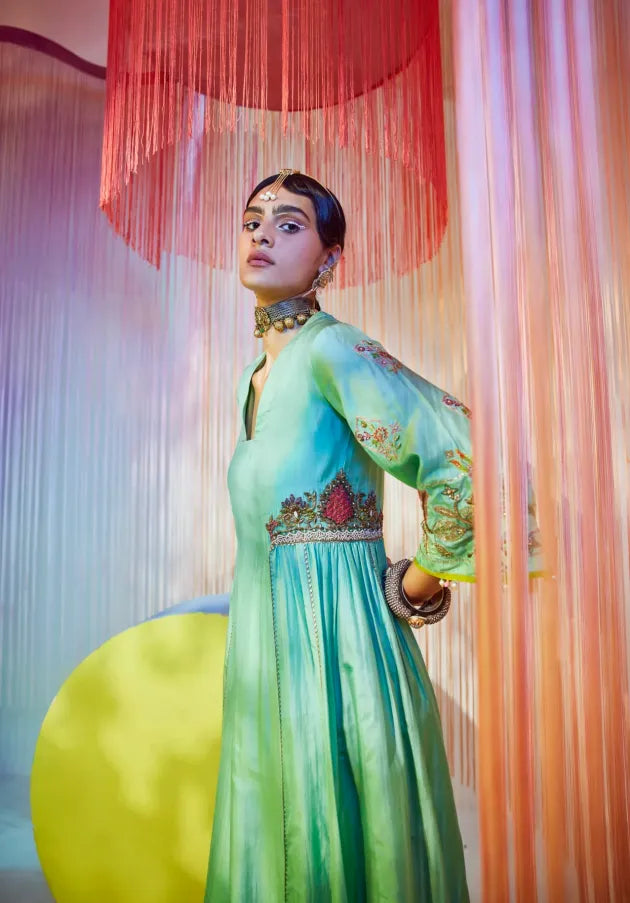 SEA GREEN SIDE KALI KURTA SET Kurta Sets by Rajiramniq for women in Singapore