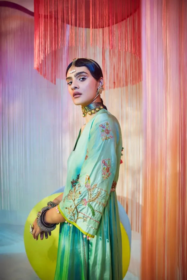SEA GREEN SIDE KALI KURTA SET Kurta Sets by Rajiramniq for women in Singapore