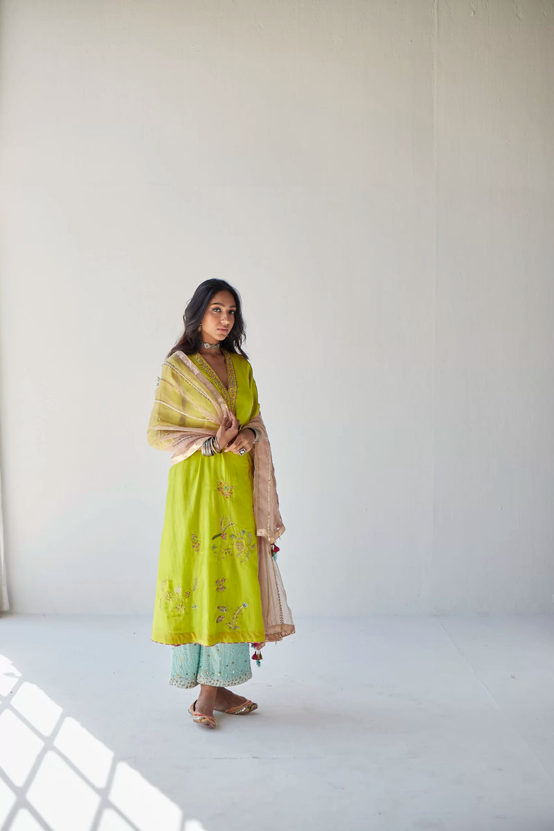 LIME GREEN JAAL SILK KURTA SET Kurta Sets by Rajiramniq for women in Singapore