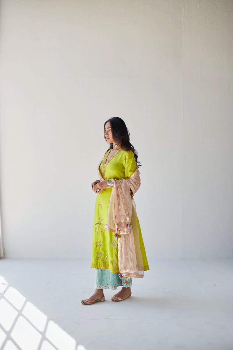 LIME GREEN JAAL SILK KURTA SET Kurta Sets by Rajiramniq for women in Singapore