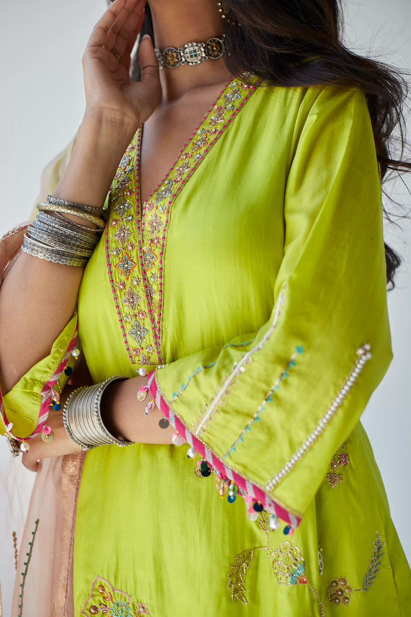 LIME GREEN JAAL SILK KURTA SET Kurta Sets by Rajiramniq for women in Singapore