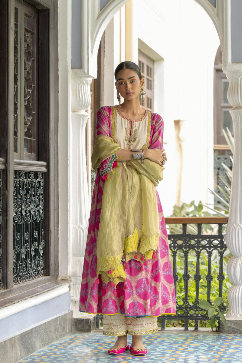 Fariba Hot Pink Ivory Yoke Kurta Set Kurta Sets by Rajiramniq for women in Singapore