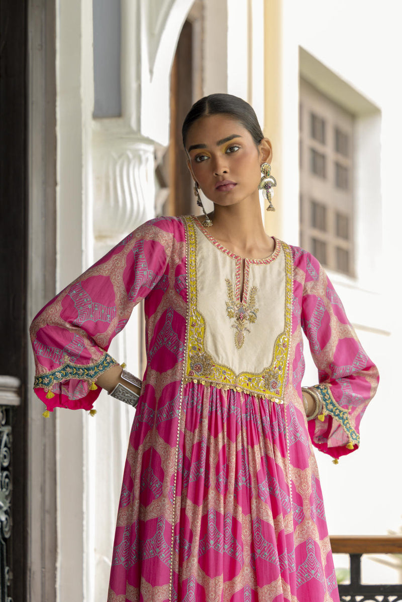 Fariba Hot Pink Ivory Yoke Kurta Set Kurta Sets by Rajiramniq for women in Singapore
