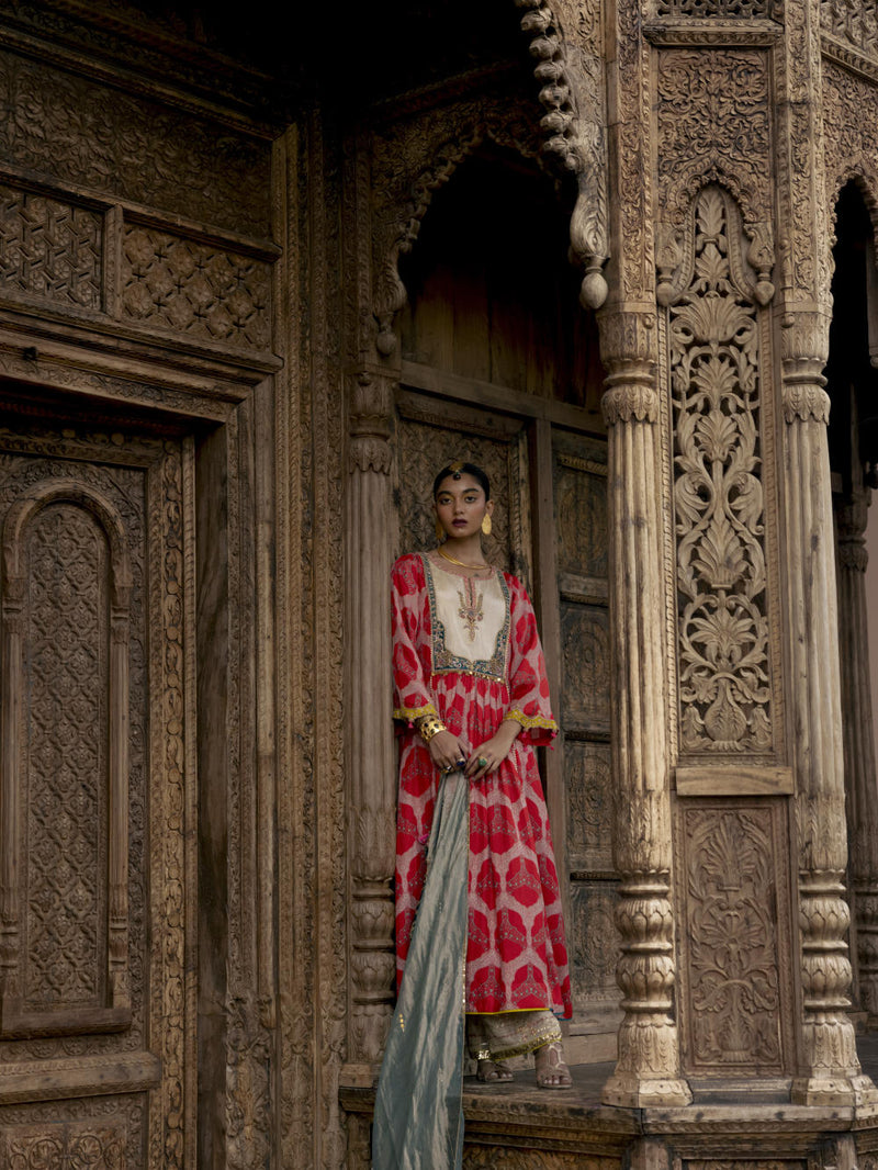 Fariba Red Ivory Yoke Kurta Set Kurta Sets by Rajiramniq for women in Singapore