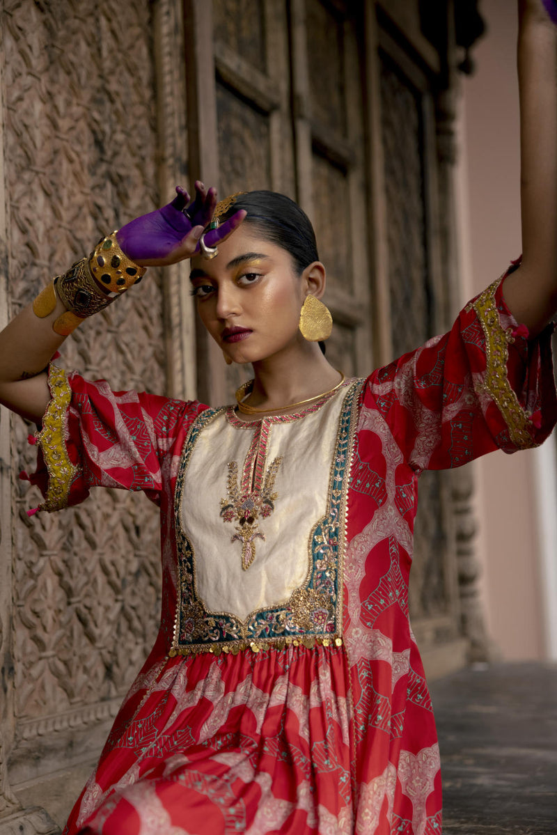 Fariba Red Ivory Yoke Kurta Set Kurta Sets by Rajiramniq for women in Singapore