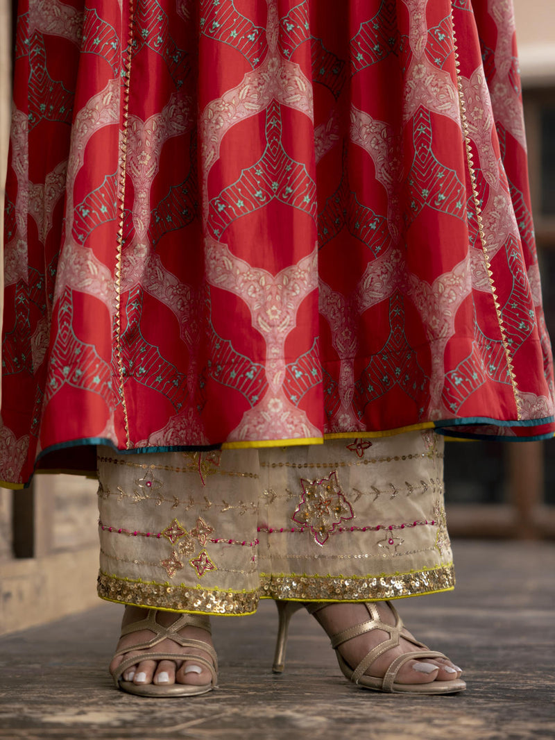 Fariba Red Ivory Yoke Kurta Set Kurta Sets by Rajiramniq for women in Singapore