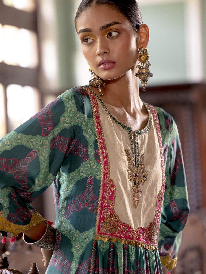Fariba Teal Green Ivory Yoke Kurta Set Kurta Sets by Rajiramniq for women in Singapore