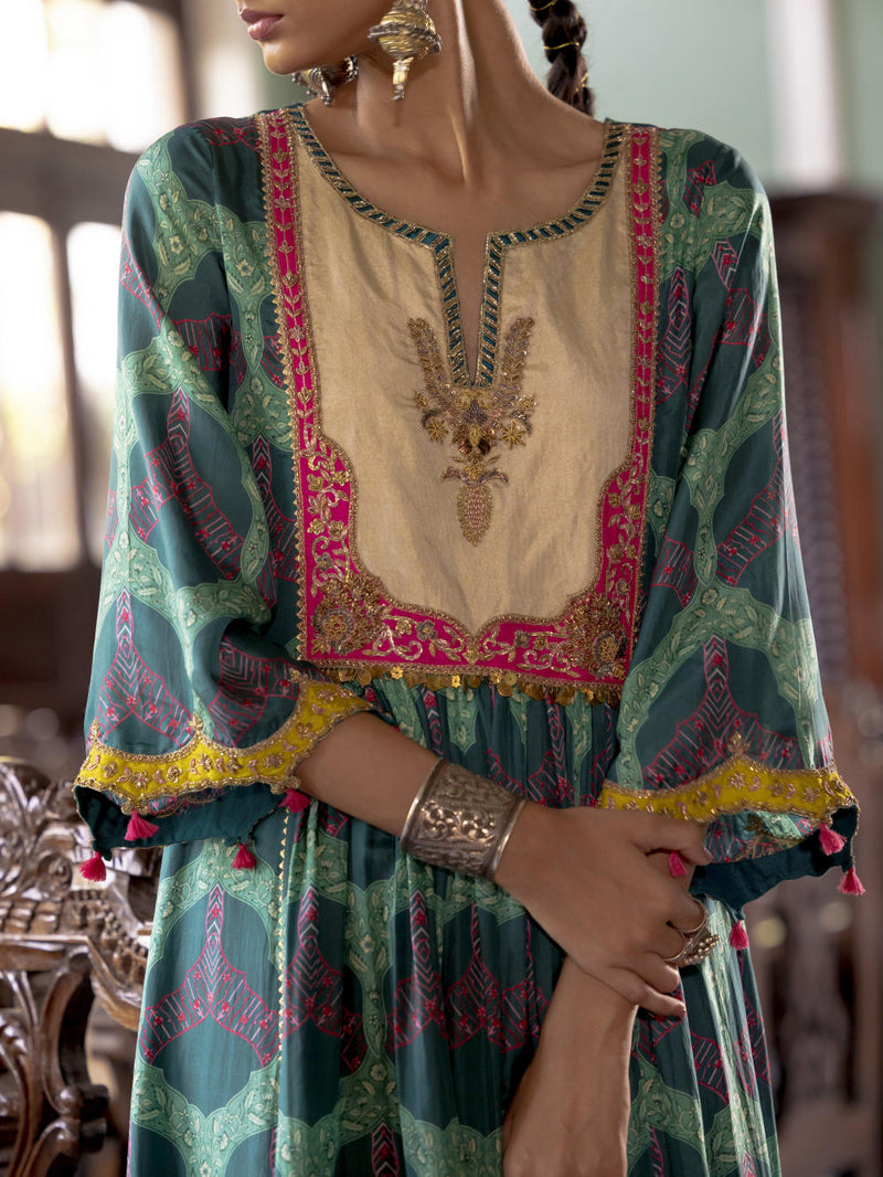 Fariba Teal Green Ivory Yoke Kurta Set Kurta Sets by Rajiramniq for women in Singapore