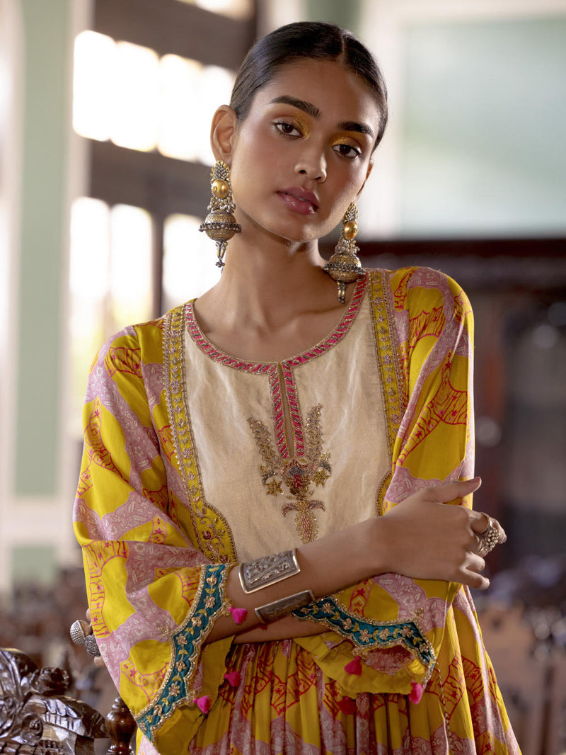 Fariba Lime Yellow Ivory Yoke Kurta Set Kurta Sets by Rajiramniq for women in Singapore