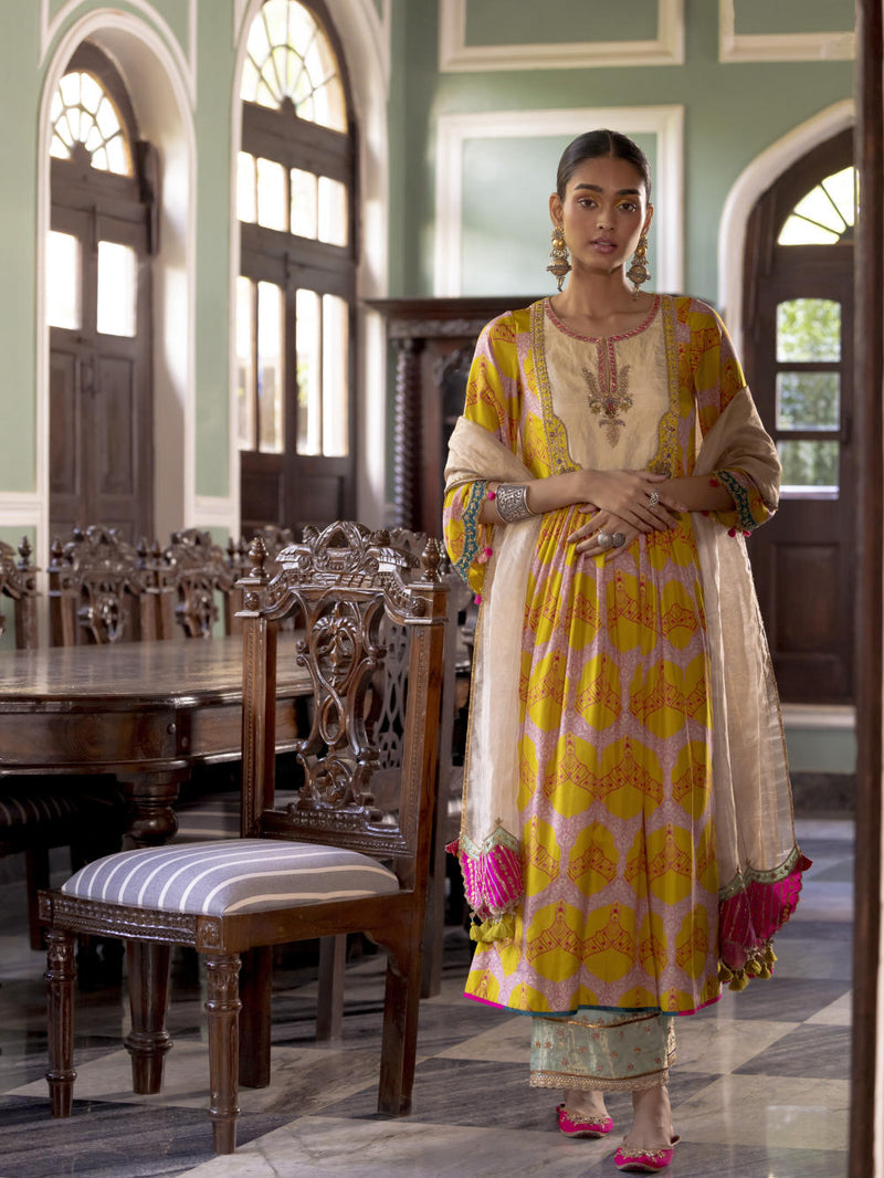 Fariba Lime Yellow Ivory Yoke Kurta Set Kurta Sets by Rajiramniq for women in Singapore
