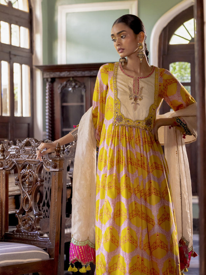 Fariba Lime Yellow Ivory Yoke Kurta Set Kurta Sets by Rajiramniq for women in Singapore