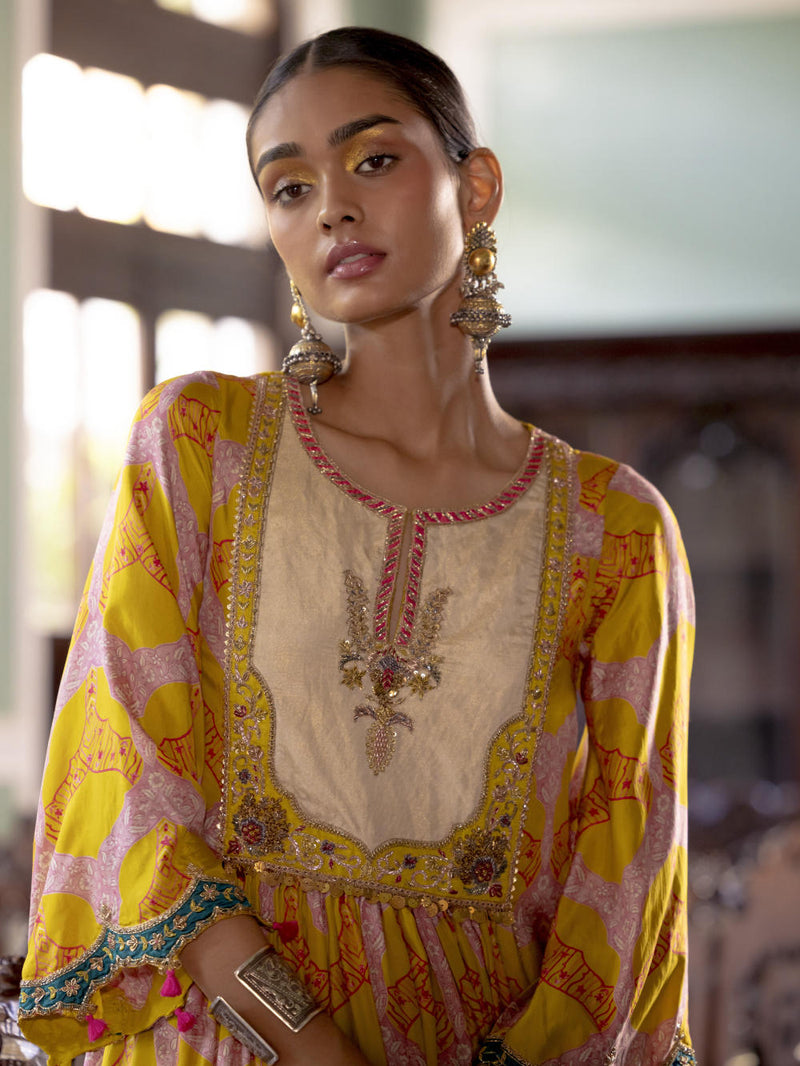 Fariba Lime Yellow Ivory Yoke Kurta Set Kurta Sets by Rajiramniq for women in Singapore