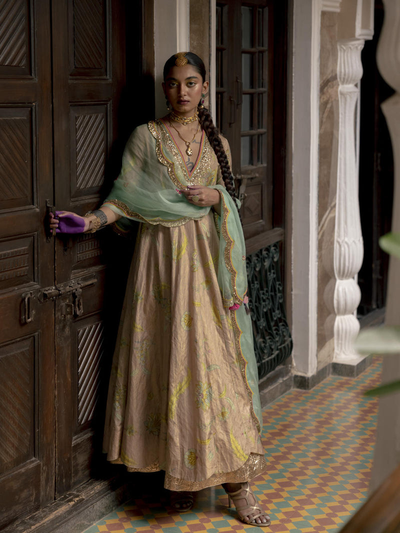Fariba Nude Pink Printed Tissue Anarkali Set Kurta Sets by Rajiramniq for women in Singapore