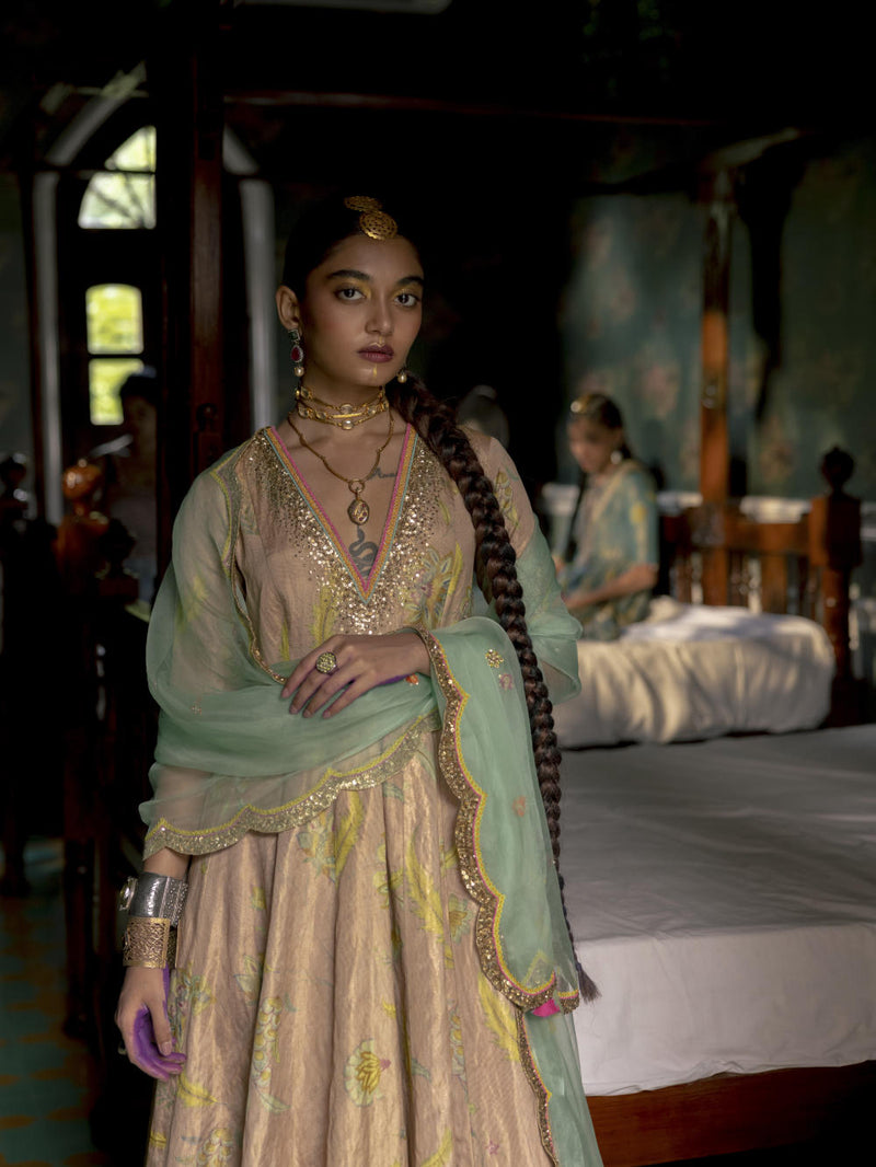 Fariba Nude Pink Printed Tissue Anarkali Set Kurta Sets by Rajiramniq for women in Singapore