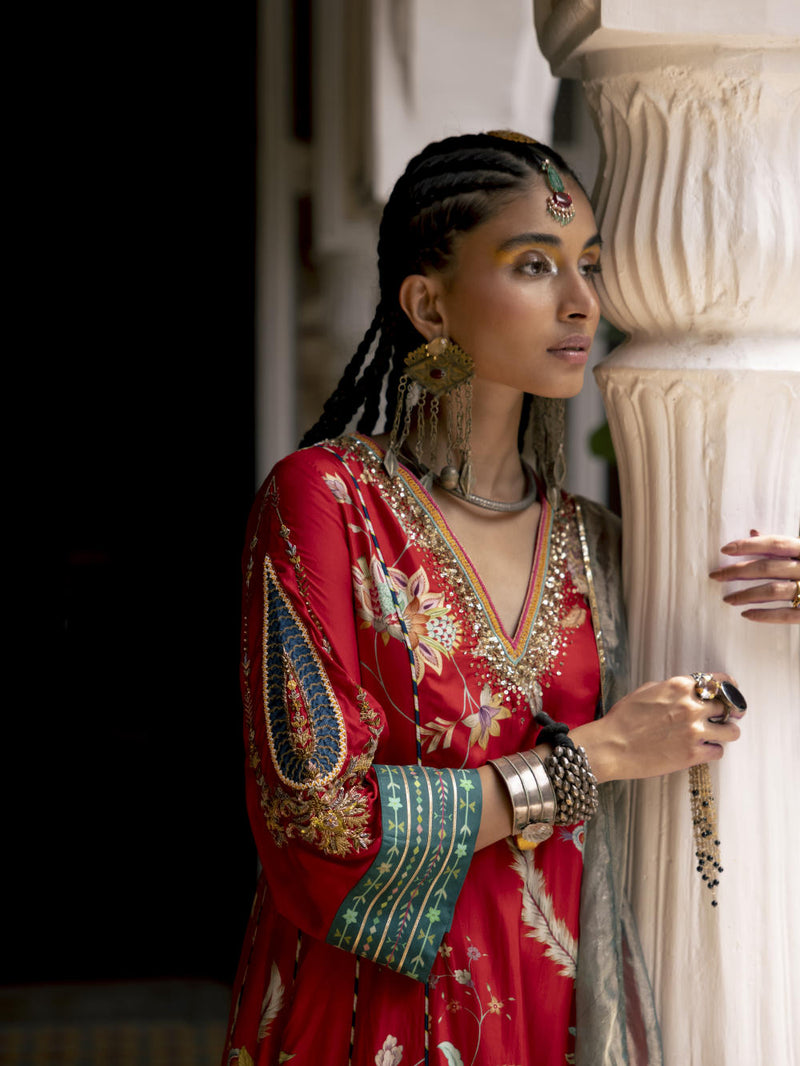 Fariba Red Printed Side Kali Kurta Set Kurta Sets by Rajiramniq for women in Singapore