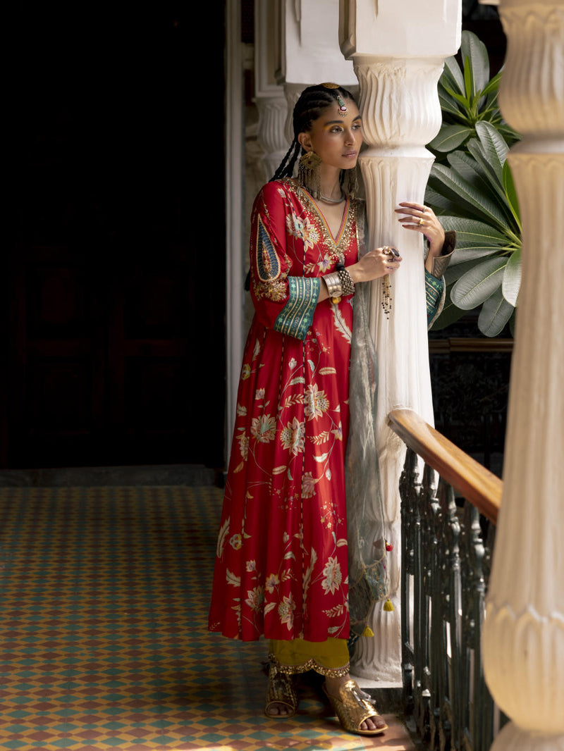 Fariba Red Printed Side Kali Kurta Set Kurta Sets by Rajiramniq for women in Singapore