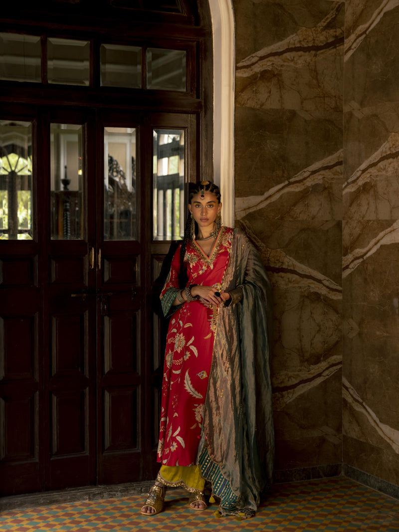 Fariba Red Printed Side Kali Kurta Set Kurta Sets by Rajiramniq for women in Singapore