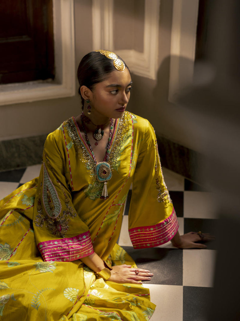 Fariba Lime Yellow Printed Side Kali Kurta Set Kurta Sets by Rajiramniq for women in Singapore