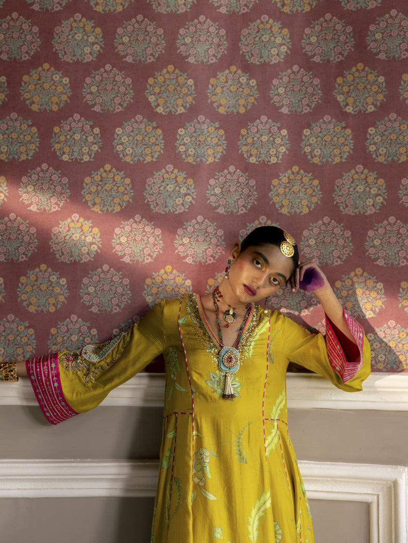 Fariba Lime Yellow Printed Side Kali Kurta Set Kurta Sets by Rajiramniq for women in Singapore