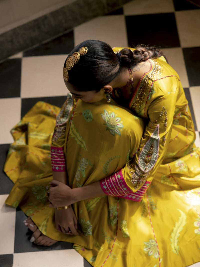 Fariba Lime Yellow Printed Side Kali Kurta Set Kurta Sets by Rajiramniq for women in Singapore