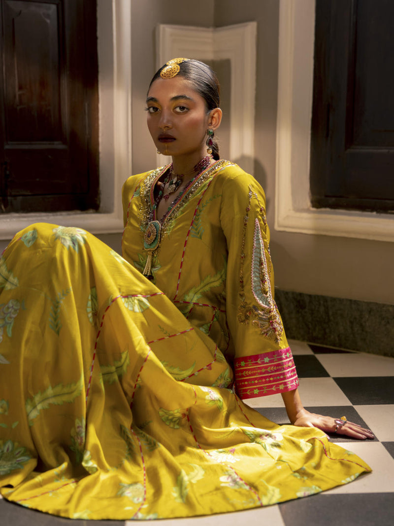 Fariba Lime Yellow Printed Side Kali Kurta Set Kurta Sets by Rajiramniq for women in Singapore