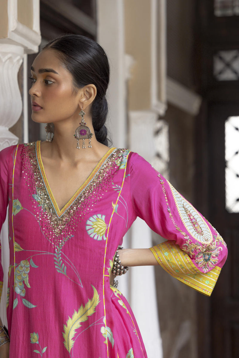 Fariba Hot Pink Printed Side Kali Kurta Set Kurta Sets by Rajiramniq for women in Singapore