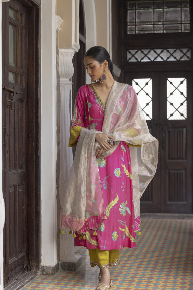 Fariba Hot Pink Printed Side Kali Kurta Set Kurta Sets by Rajiramniq for women in Singapore
