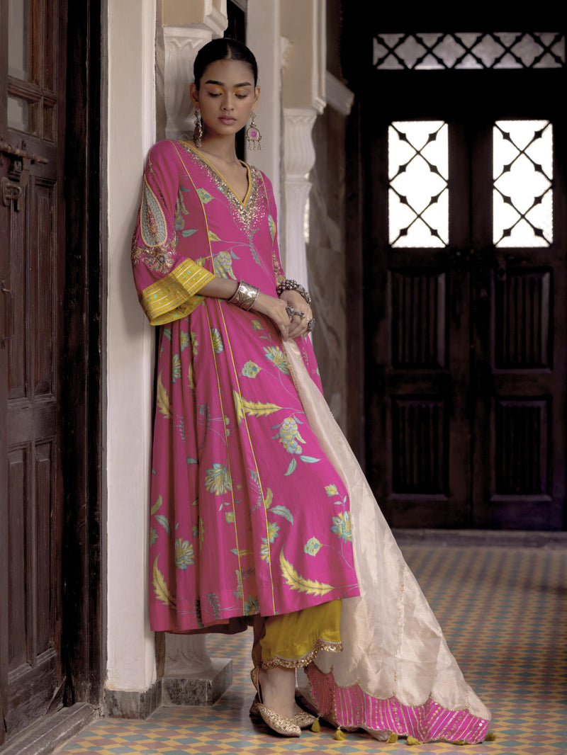 Fariba Hot Pink Printed Side Kali Kurta Set Kurta Sets by Rajiramniq for women in Singapore