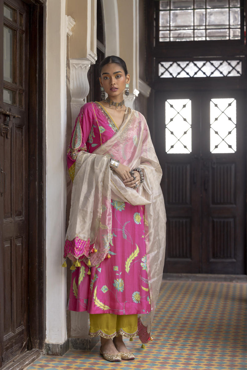 Fariba Hot Pink Printed Side Kali Kurta Set Kurta Sets by Rajiramniq for women in Singapore