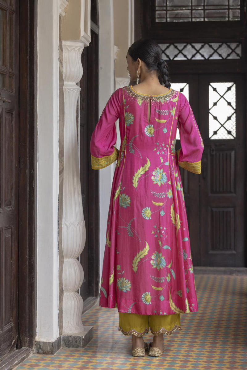 Fariba Hot Pink Printed Side Kali Kurta Set Kurta Sets by Rajiramniq for women in Singapore