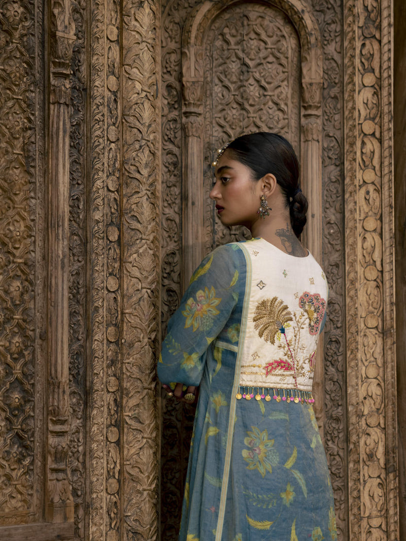 Fariba Moonlight Blue Printed Back Yoke Kurta Set Kurta Sets by Rajiramniq for women in Singapore