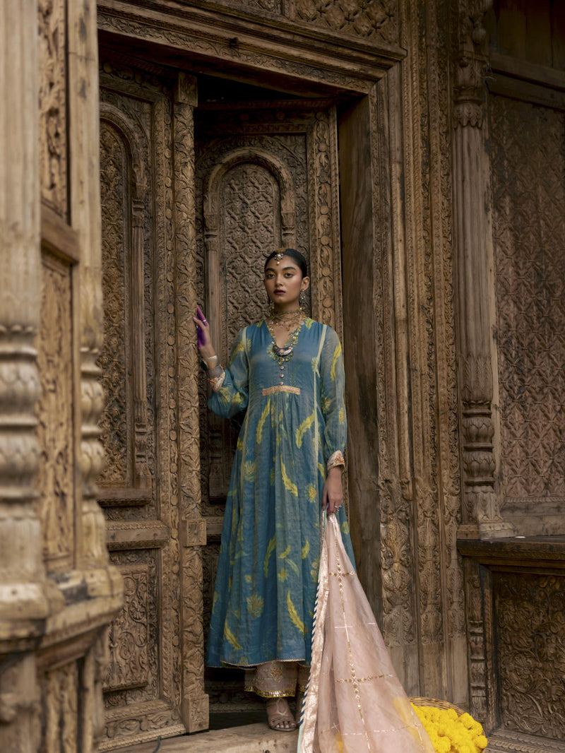 Fariba Moonlight Blue Printed Back Yoke Kurta Set Kurta Sets by Rajiramniq for women in Singapore
