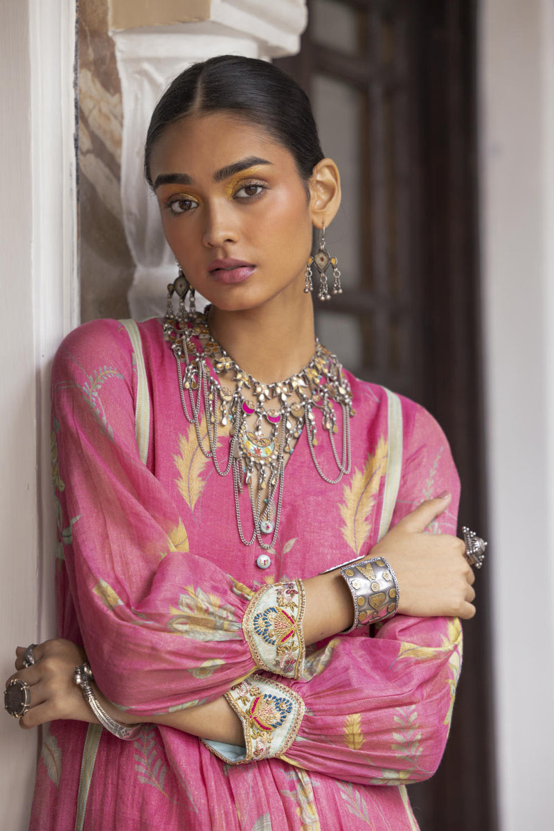 Fariba Pink Printed Back Yoke Kurta Set Kurta Sets by Rajiramniq for women in Singapore