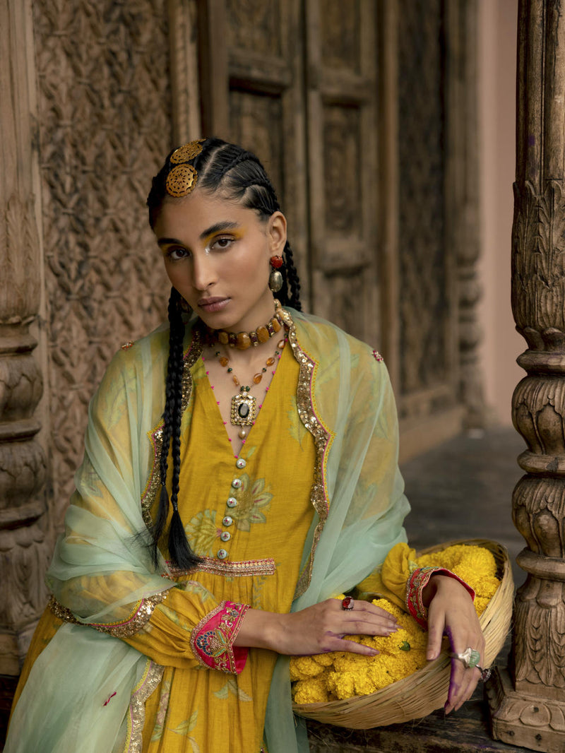 Fariba Lime Yellow Printed Back Yoke Kurta Set Kurta Sets by Rajiramniq for women in Singapore