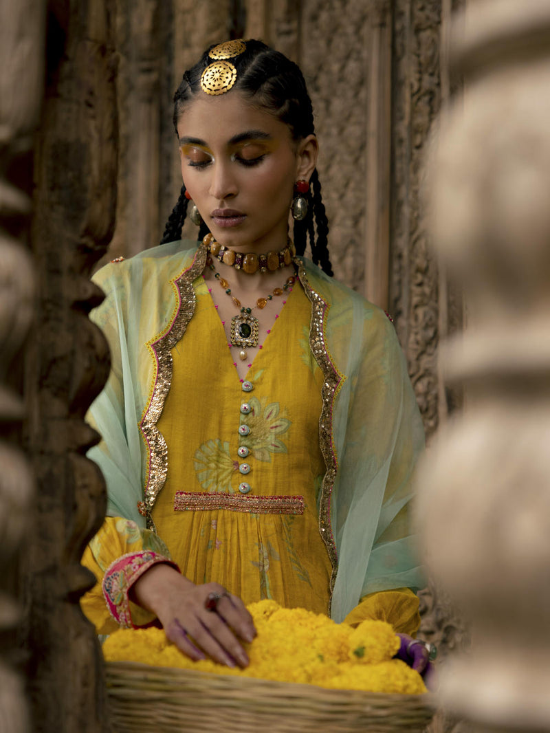 Fariba Lime Yellow Printed Back Yoke Kurta Set Kurta Sets by Rajiramniq for women in Singapore