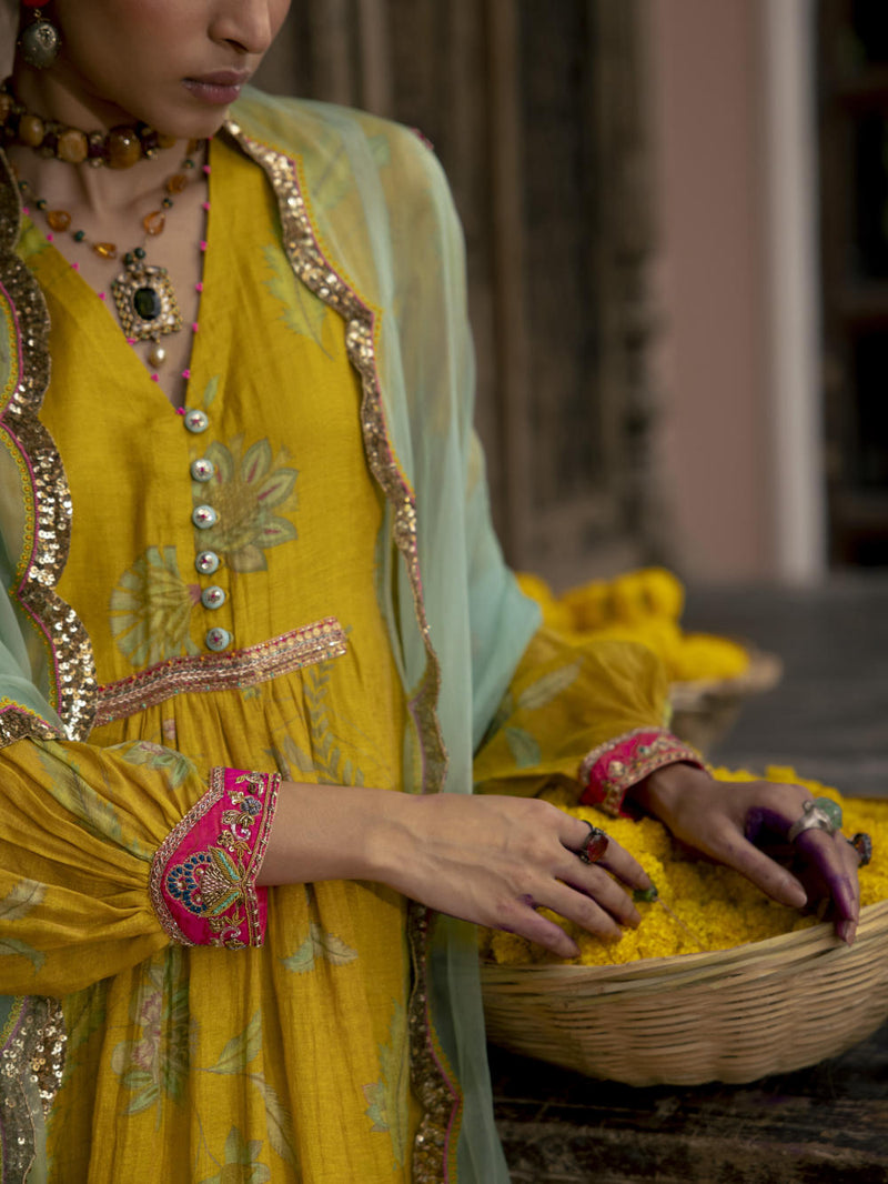 Fariba Lime Yellow Printed Back Yoke Kurta Set Kurta Sets by Rajiramniq for women in Singapore