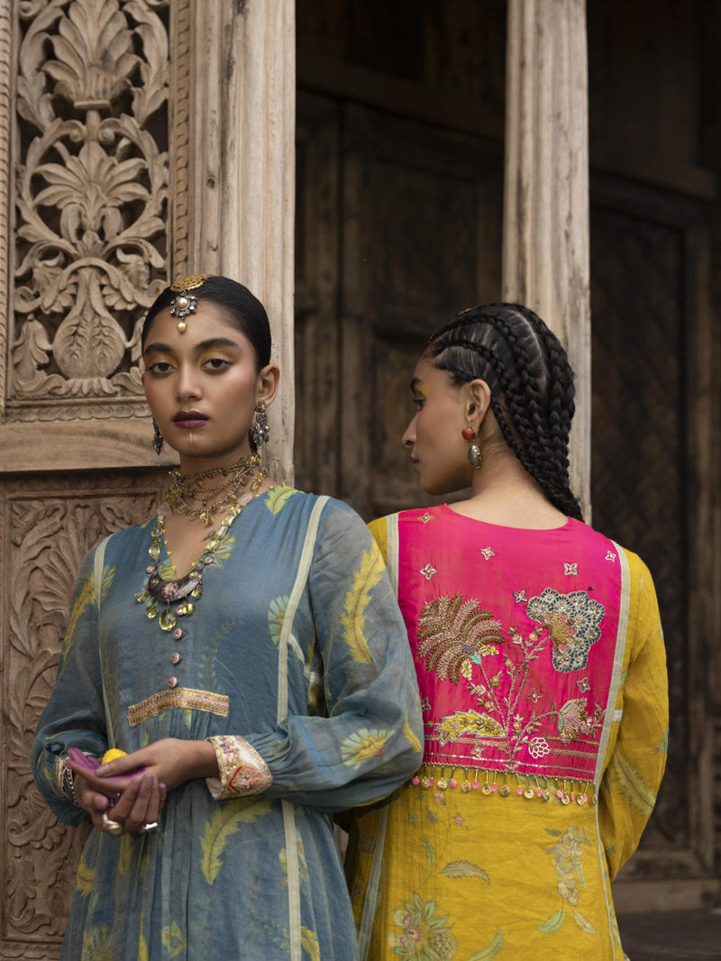 Fariba Lime Yellow Printed Back Yoke Kurta Set Kurta Sets by Rajiramniq for women in Singapore