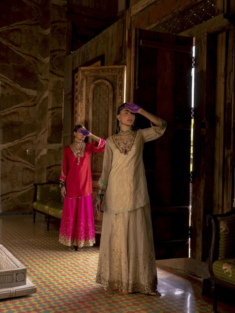 Fariba Ivory Golden Tissue Sharara Set Kurta Sets by Rajiramniq for women in Singapore