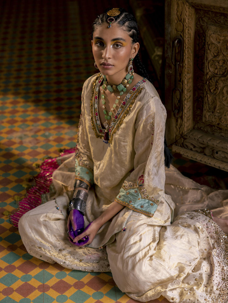 Fariba Ivory Golden Tissue Sharara Set Kurta Sets by Rajiramniq for women in Singapore