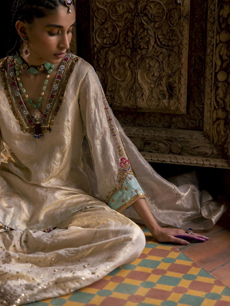 Fariba Ivory Golden Tissue Sharara Set Kurta Sets by Rajiramniq for women in Singapore
