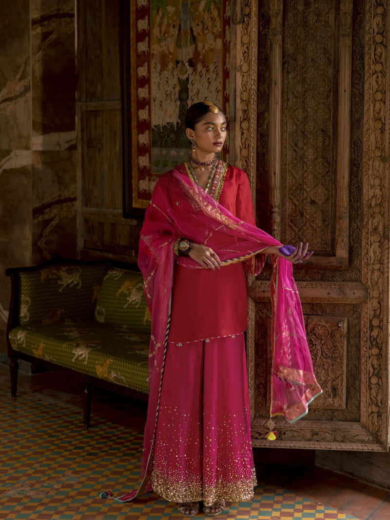 Fariba Red Magenta Silk Sharara Set Kurta Sets by Rajiramniq for women in Singapore
