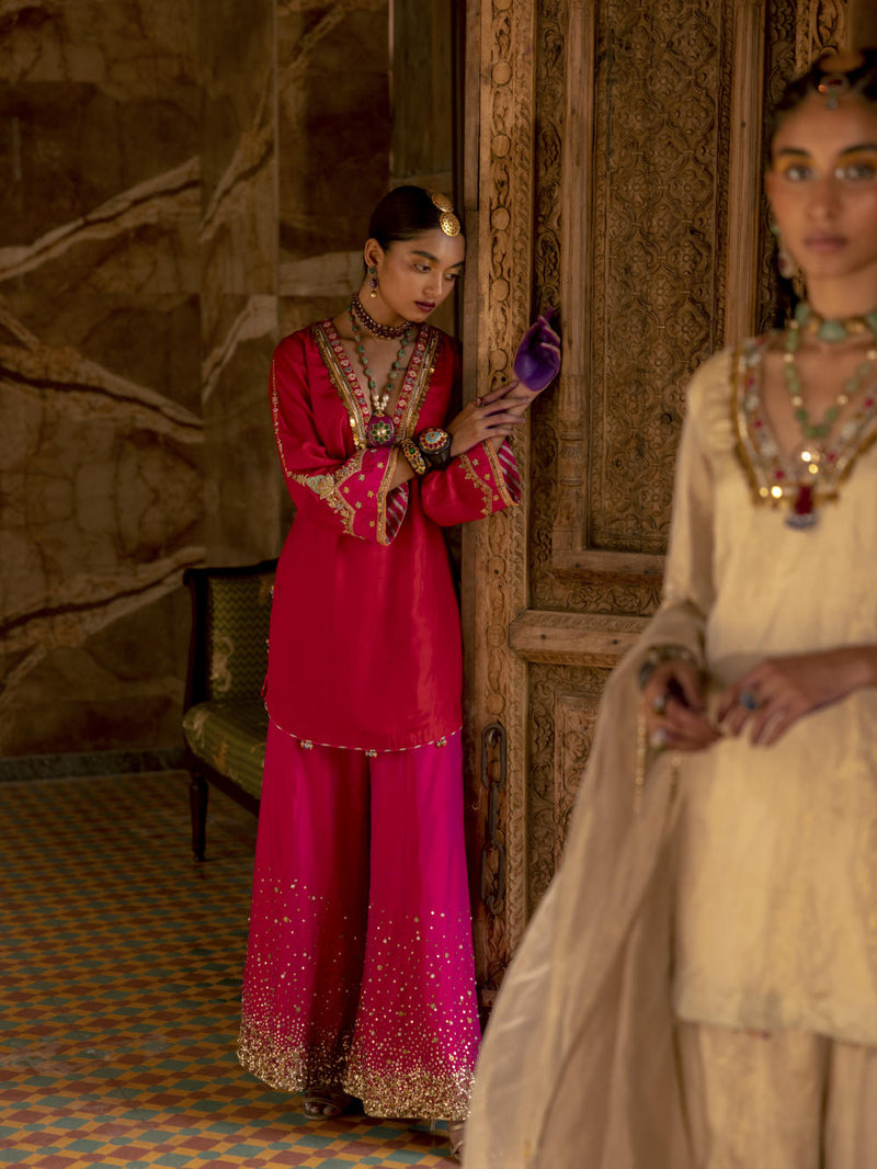 Fariba Red Magenta Silk Sharara Set Kurta Sets by Rajiramniq for women in Singapore