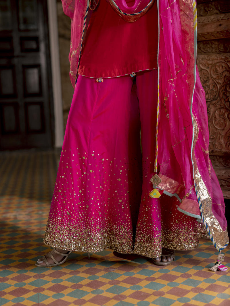Fariba Red Magenta Silk Sharara Set Kurta Sets by Rajiramniq for women in Singapore