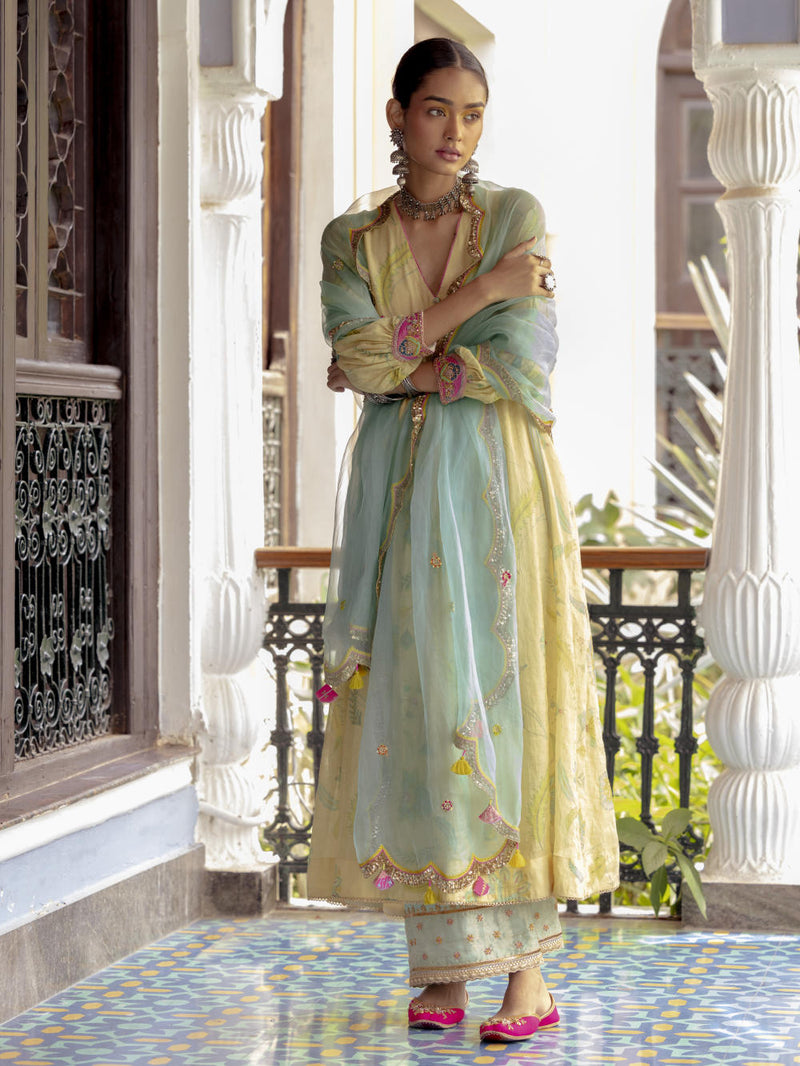 Fariba Ivory Printed Back Yoke Kurta Set Kurta Sets by Rajiramniq for women in Singapore