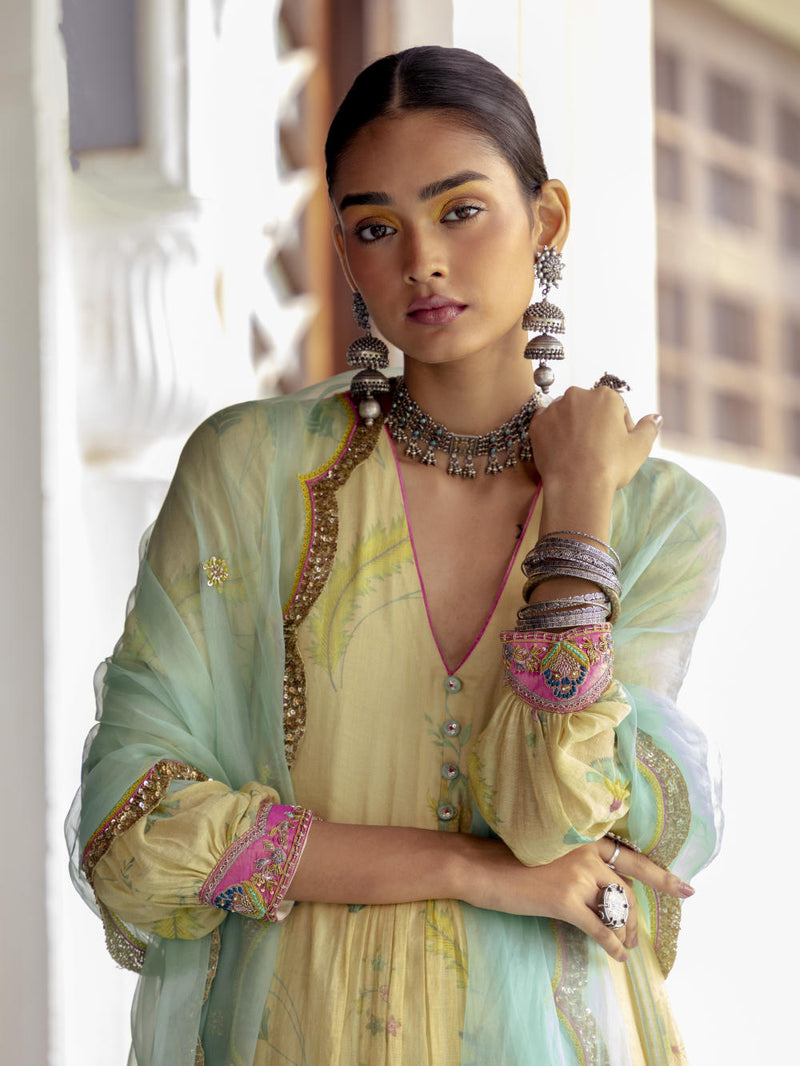 Fariba Ivory Printed Back Yoke Kurta Set Kurta Sets by Rajiramniq for women in Singapore