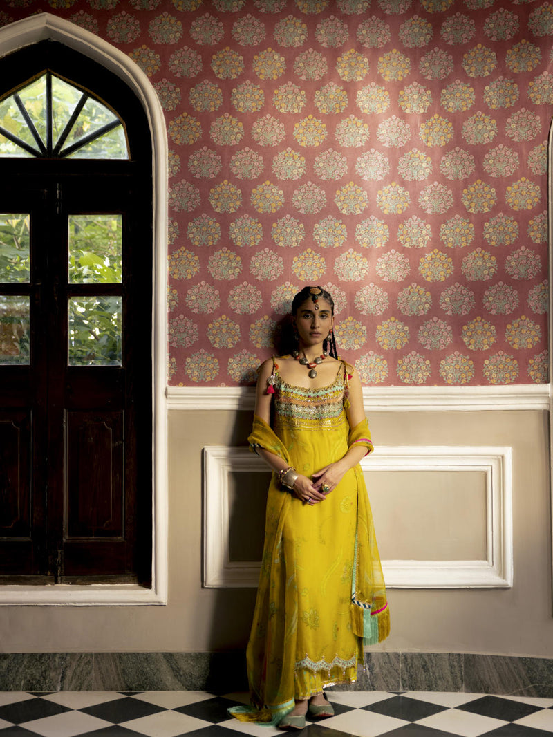 Fariba Lime Yellow Oganza Kurta Set Kurta Sets by Rajiramniq for women in Singapore