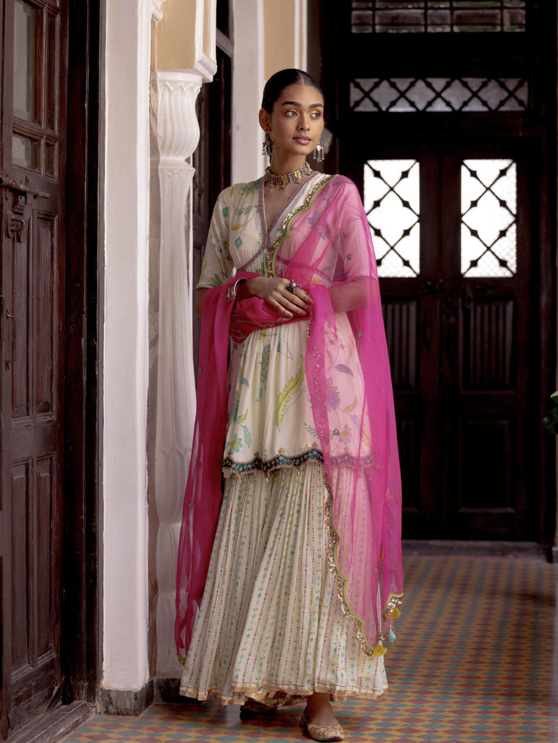 Fariba Ivory Printed Scallop Gharara Set Kurta Sets by Rajiramniq for women in Singapore