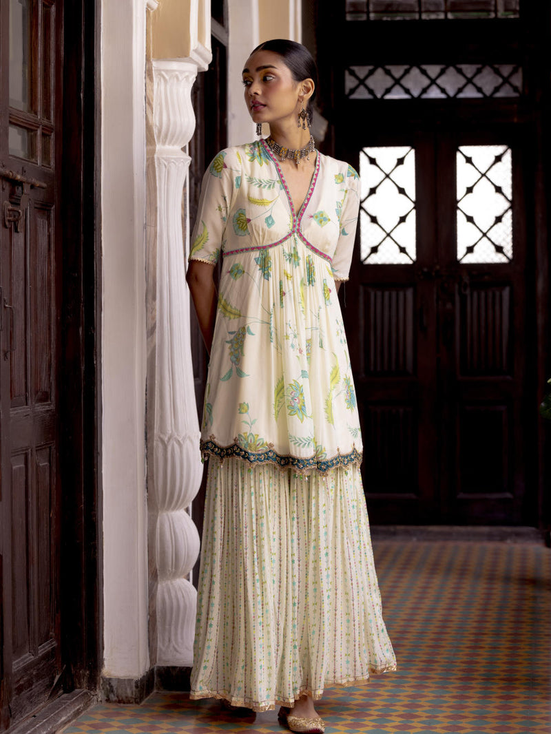 Fariba Ivory Printed Scallop Gharara Set Kurta Sets by Rajiramniq for women in Singapore