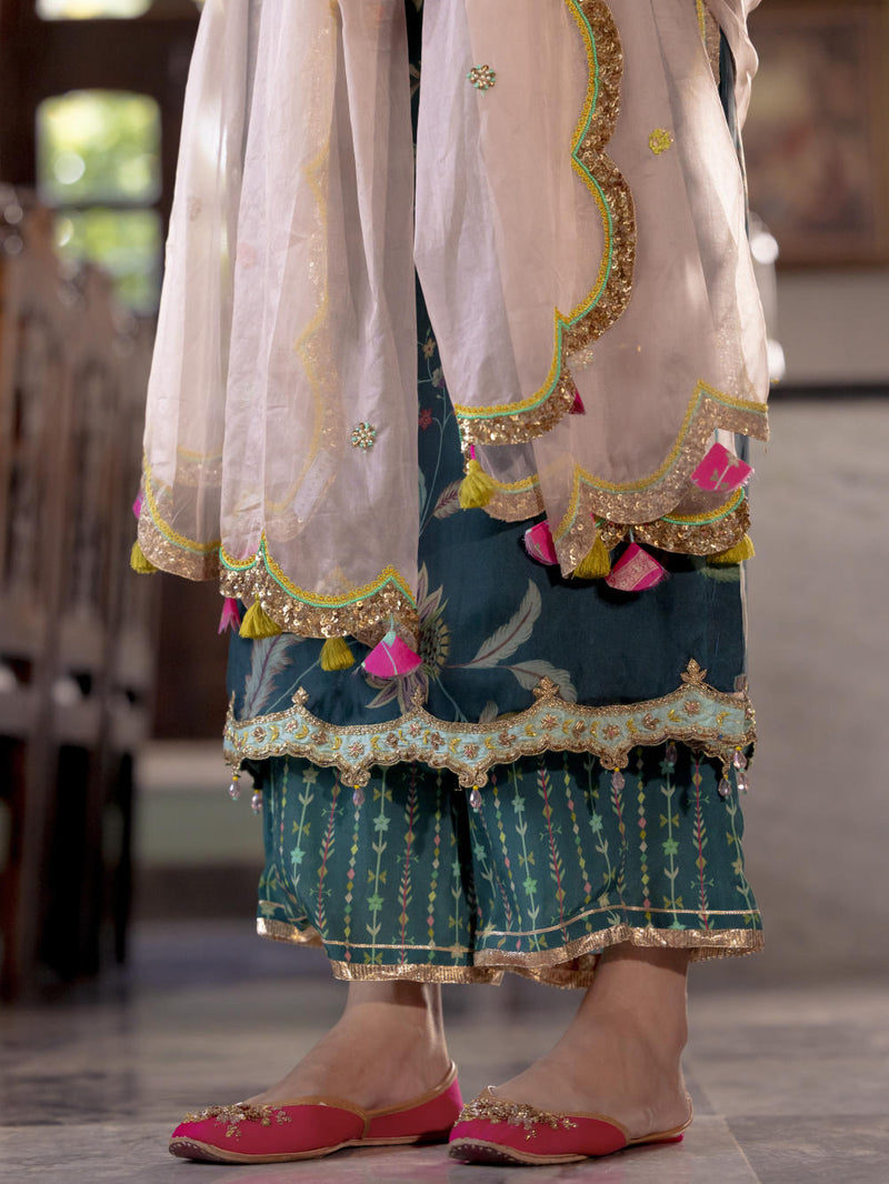 Fariba Teal Organza Kurta Set Kurta Sets by Rajiramniq for women in Singapore