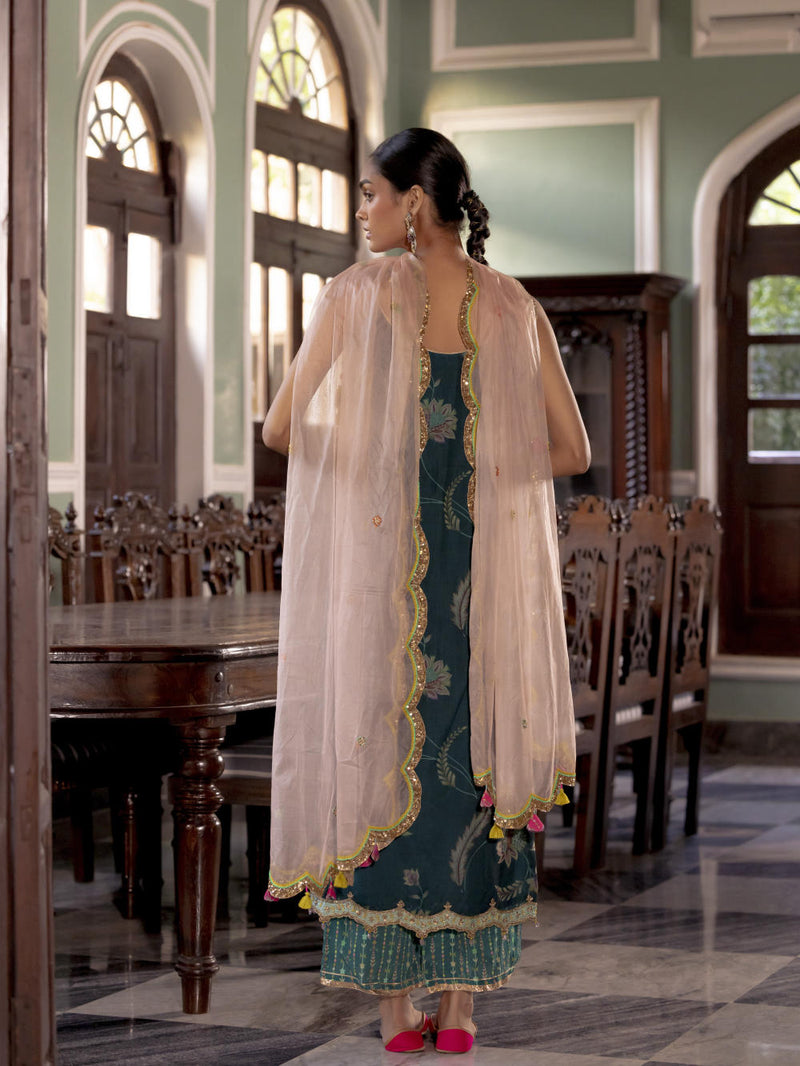 Fariba Teal Organza Kurta Set Kurta Sets by Rajiramniq for women in Singapore
